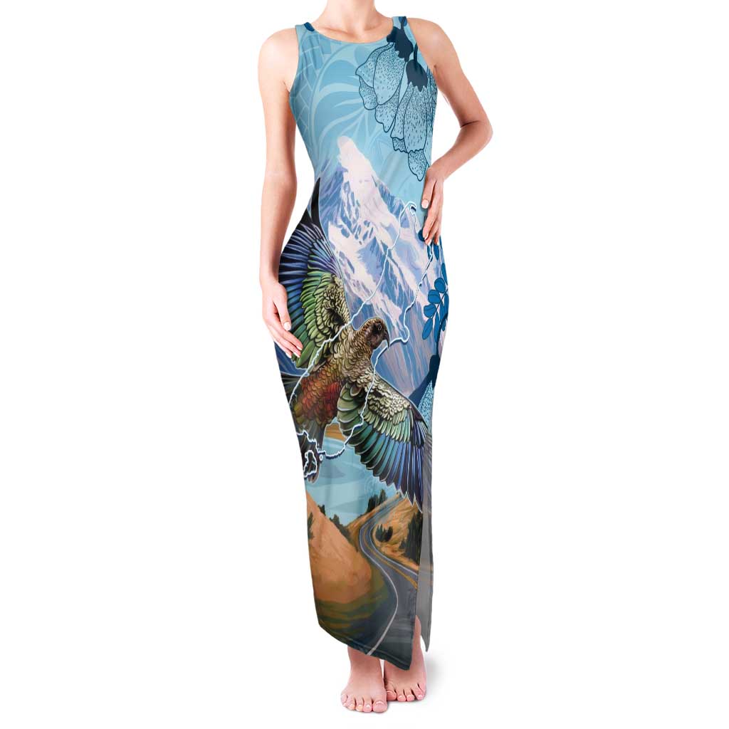 New Zealand South Island Tank Maxi Dress Te Waipounamu Aoraki Kea Bird LT14 Women Blue - Polynesian Pride