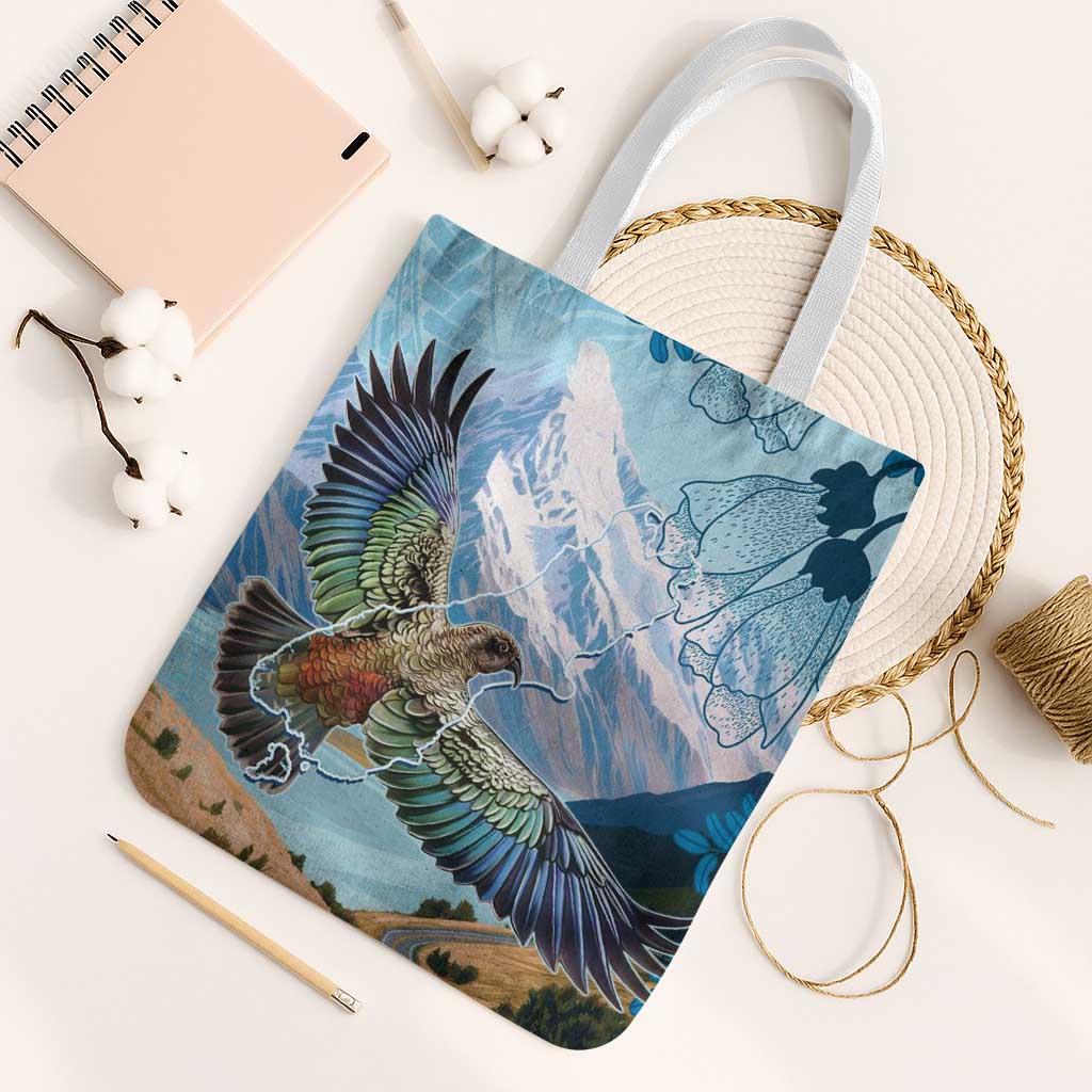 New Zealand South Island Tote Bag Te Waipounamu Aoraki Kea Bird LT14 White Strap One Size Blue - Polynesian Pride