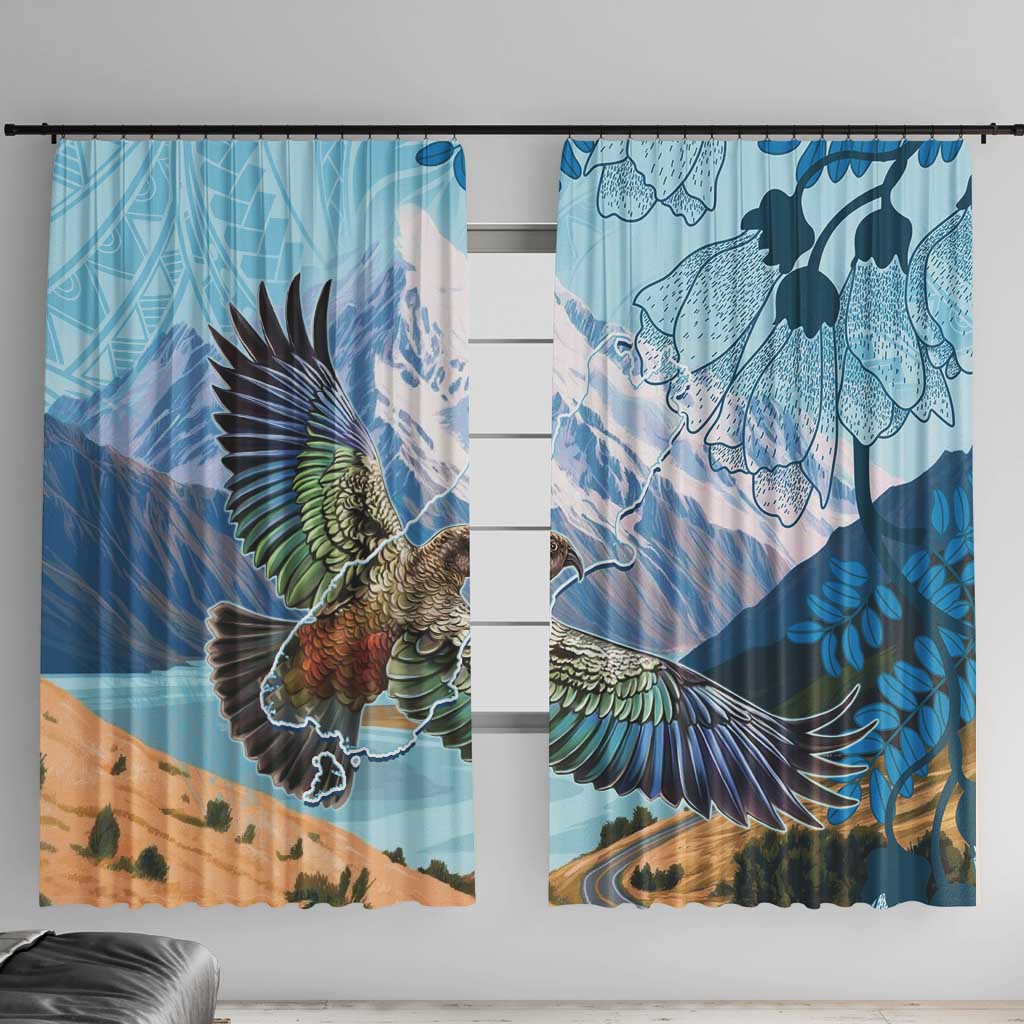 New Zealand South Island Window Curtain Te Waipounamu Aoraki Kea Bird LT14 With Hooks Blue - Polynesian Pride