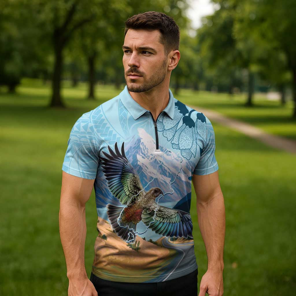 New Zealand South Island Zipper Polo Shirt Te Waipounamu Aoraki Kea Bird LT14 - Polynesian Pride