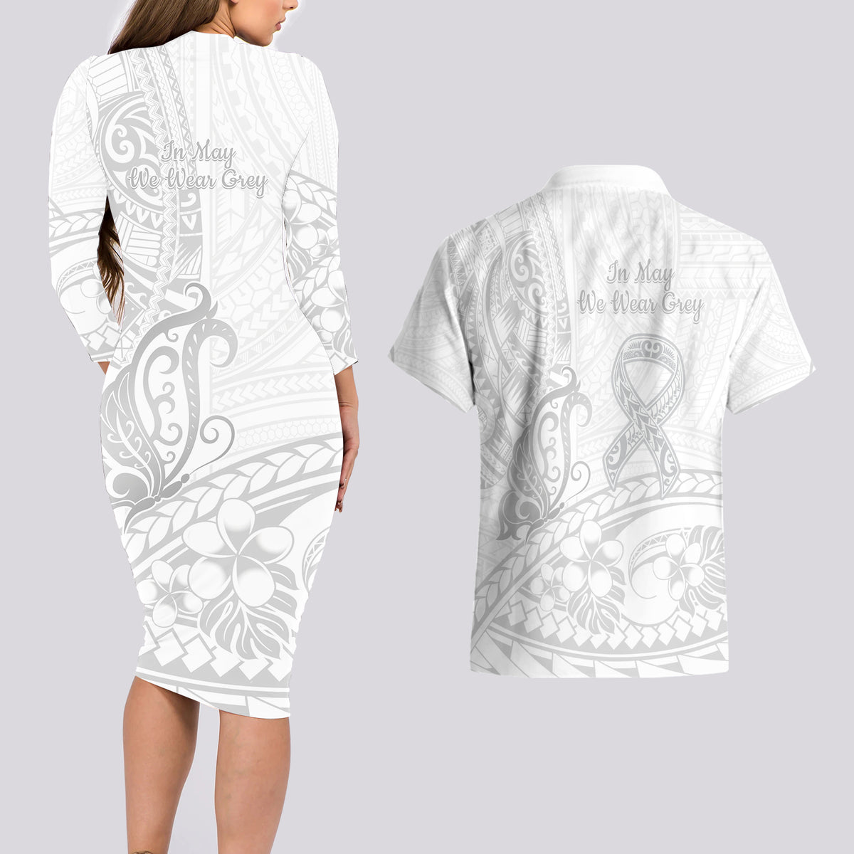Polynesia Brain Cancer Awareness Couples Matching Long Sleeve Bodycon Dress and Hawaiian Shirt In May We Wear Grey LT14 - Polynesian Pride