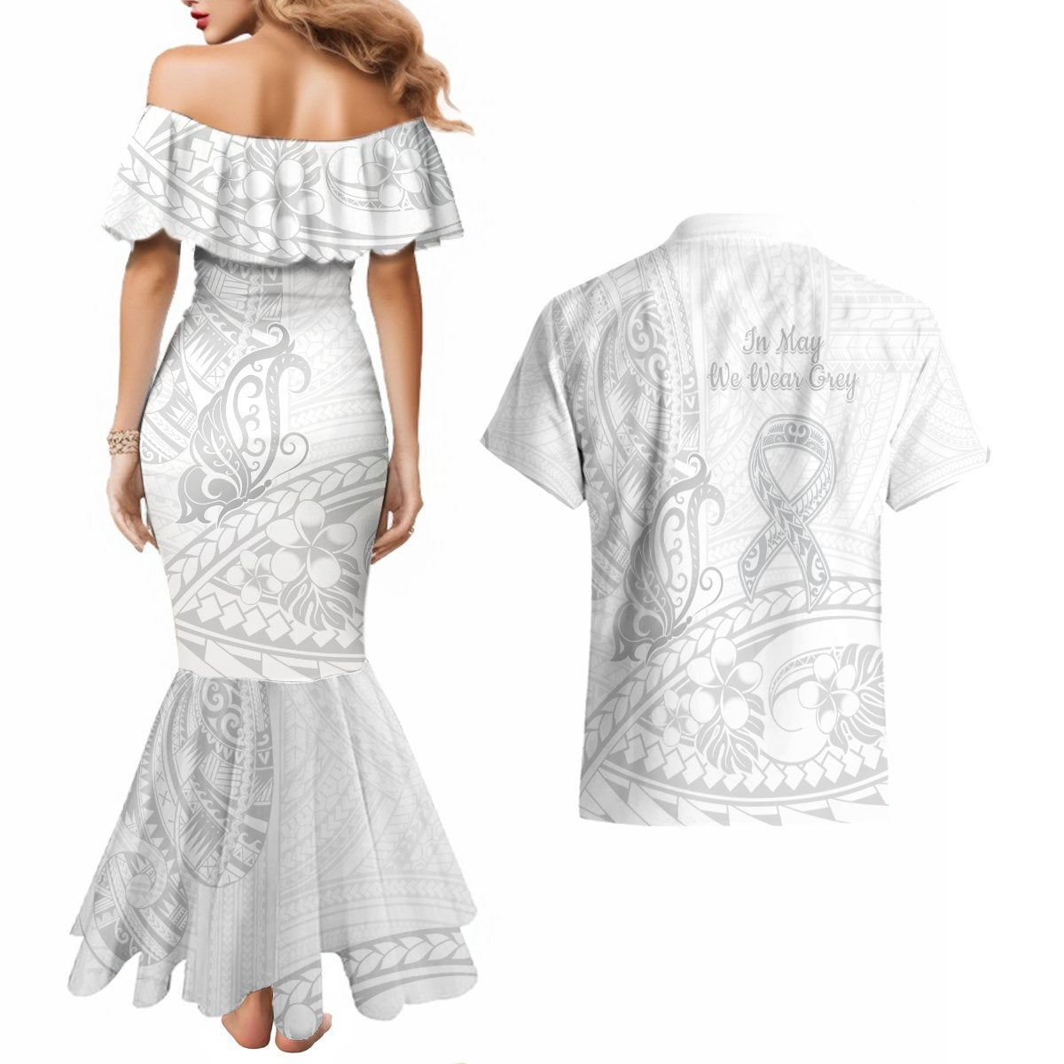 Polynesia Brain Cancer Awareness Couples Matching Mermaid Dress and Hawaiian Shirt In May We Wear Grey LT14 - Polynesian Pride