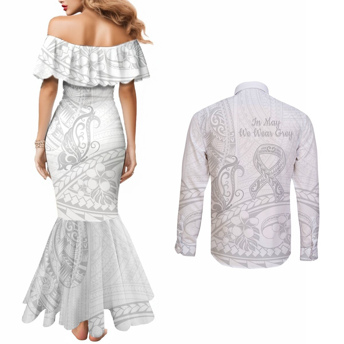 Polynesia Brain Cancer Awareness Couples Matching Mermaid Dress and Long Sleeve Button Shirt In May We Wear Grey