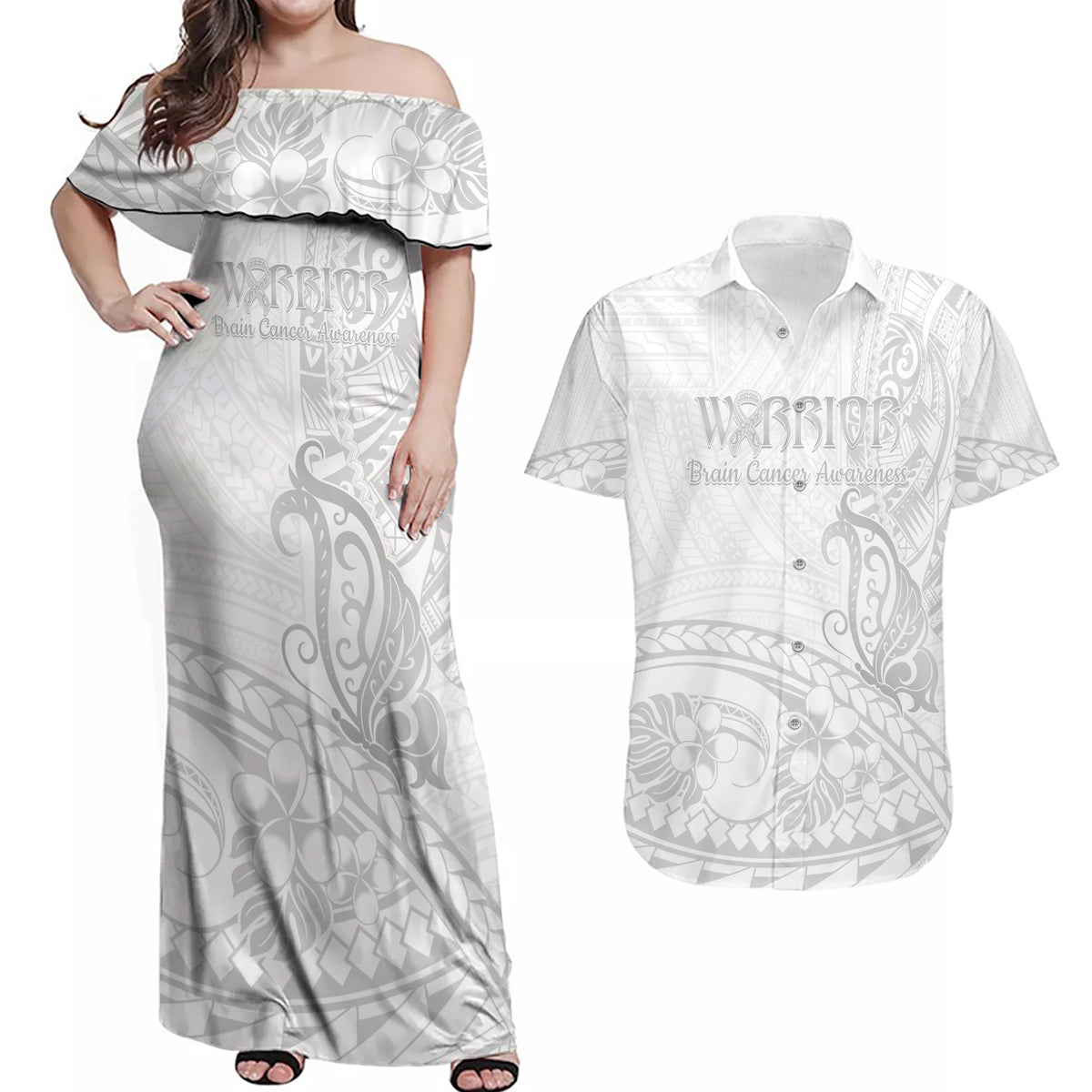 Polynesia Brain Cancer Awareness Couples Matching Off Shoulder Maxi Dress and Hawaiian Shirt In May We Wear Grey LT14 White - Polynesian Pride