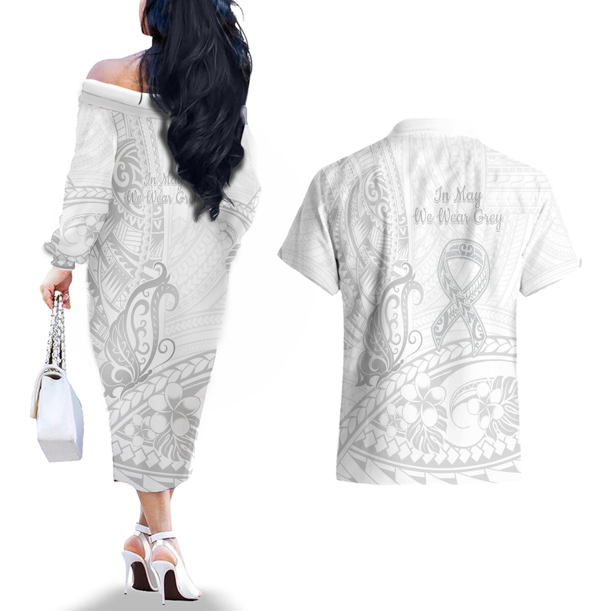 Polynesia Brain Cancer Awareness Couples Matching Off The Shoulder Long Sleeve Dress and Hawaiian Shirt In May We Wear Grey LT14 - Polynesian Pride