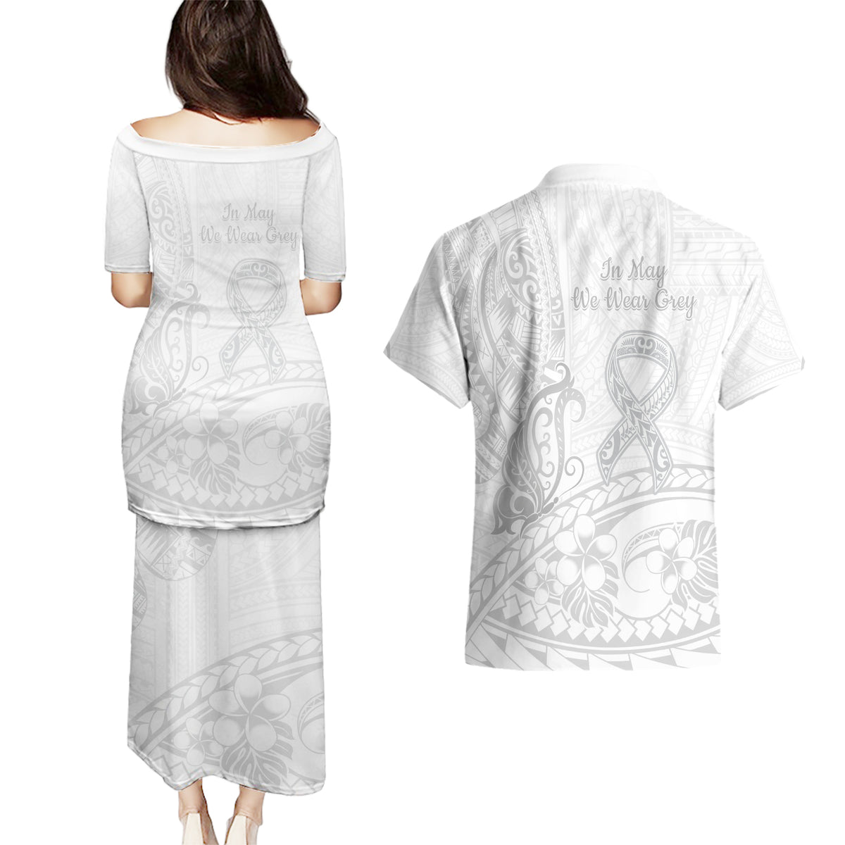 Polynesia Brain Cancer Awareness Couples Matching Puletasi and Hawaiian Shirt In May We Wear Grey