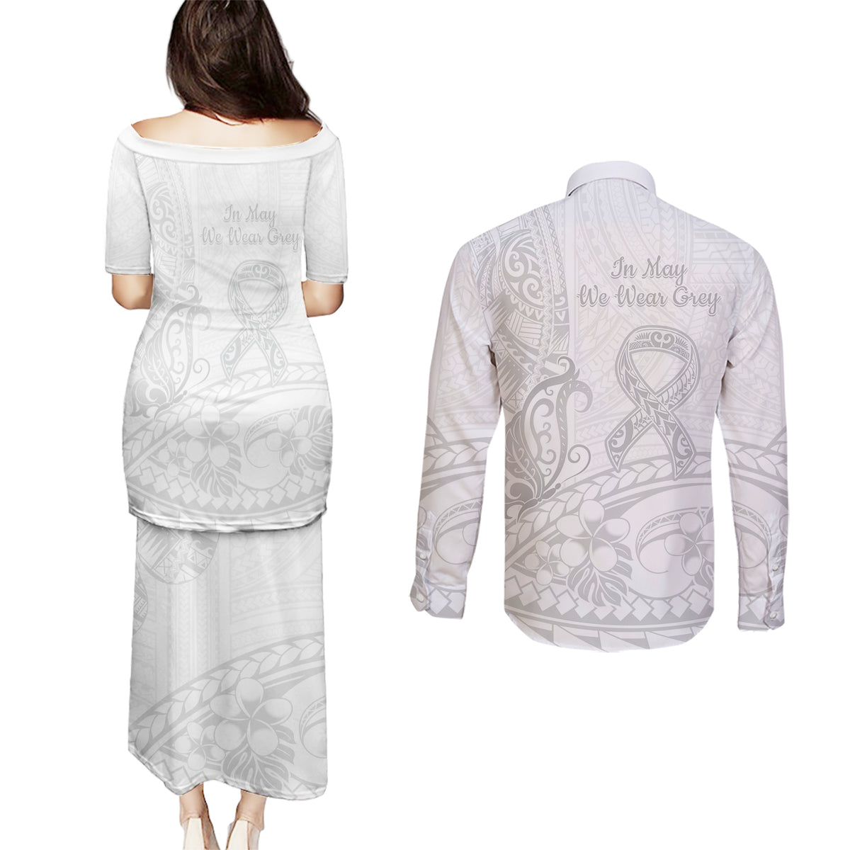 Polynesia Brain Cancer Awareness Couples Matching Puletasi and Long Sleeve Button Shirt In May We Wear Grey