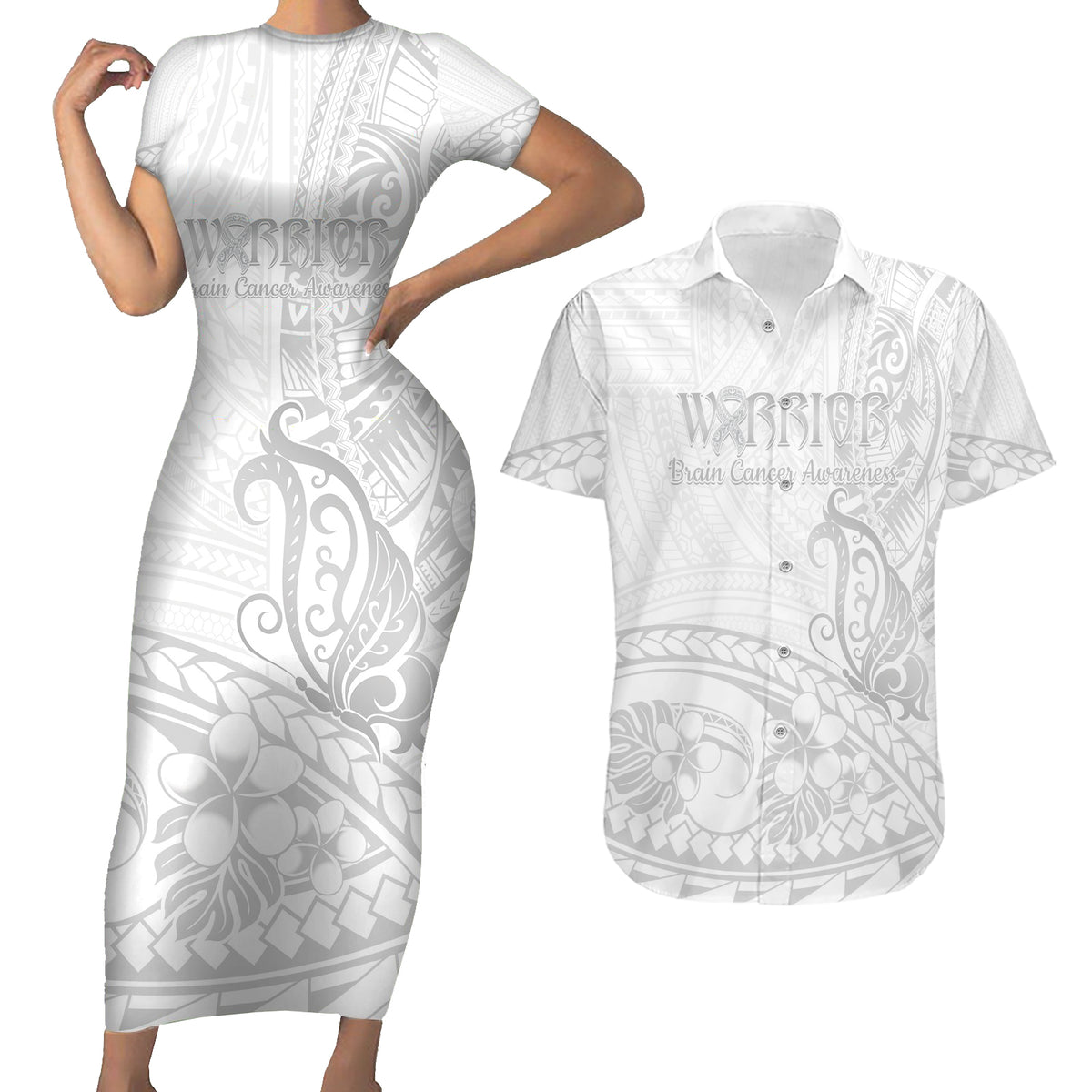 Polynesia Brain Cancer Awareness Couples Matching Short Sleeve Bodycon Dress and Hawaiian Shirt In May We Wear Grey LT14 White - Polynesian Pride