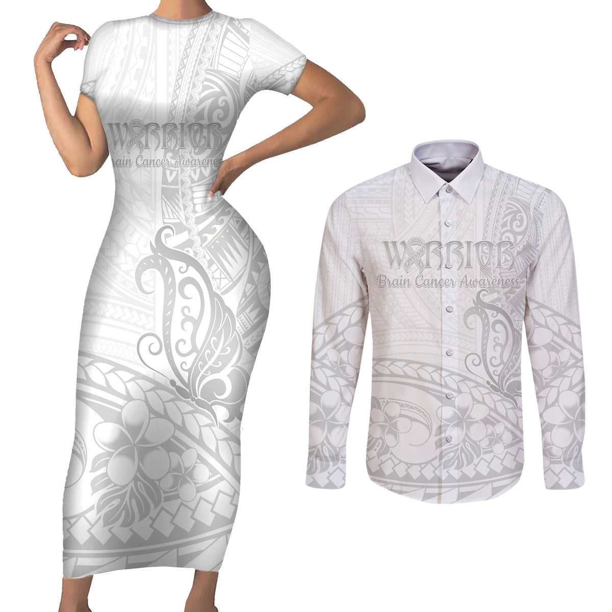 Polynesia Brain Cancer Awareness Couples Matching Short Sleeve Bodycon Dress and Long Sleeve Button Shirt In May We Wear Grey LT14 White - Polynesian Pride