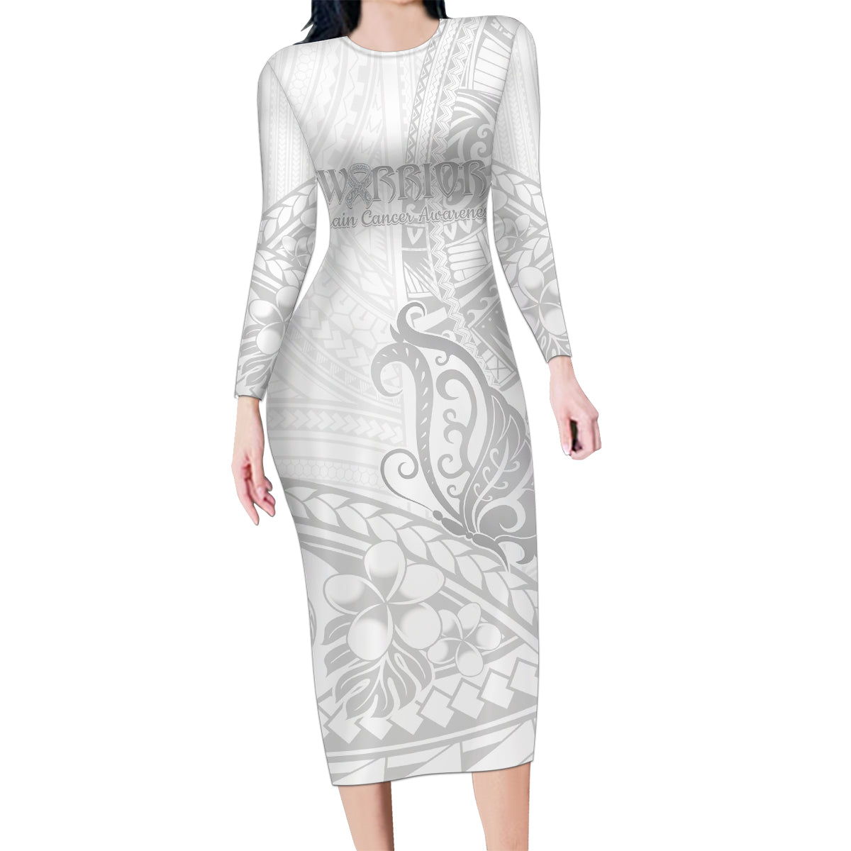 Polynesia Brain Cancer Awareness Family Matching Long Sleeve Bodycon Dress and Hawaiian Shirt In May We Wear Grey LT14 Mom's Dress White - Polynesian Pride