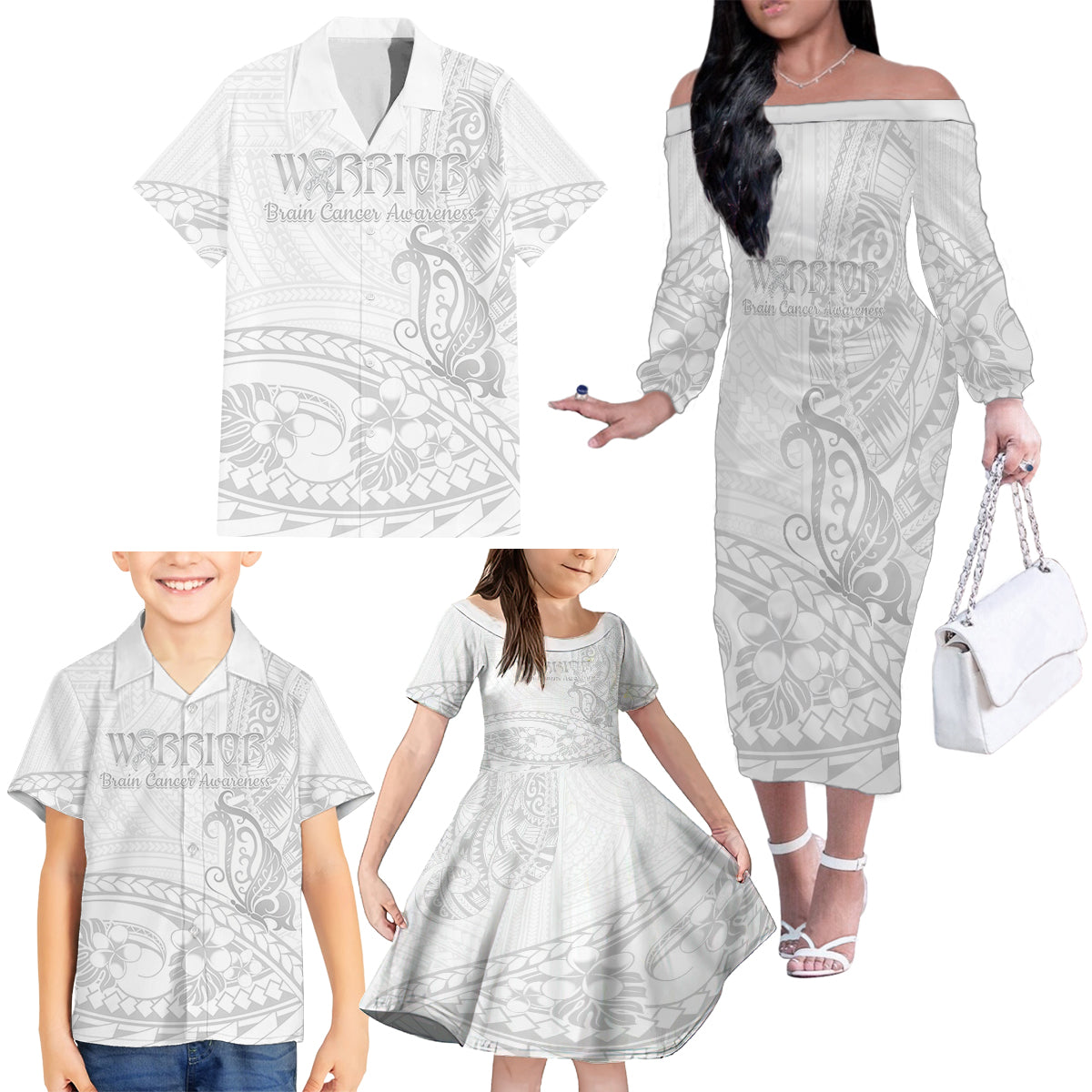 Polynesia Brain Cancer Awareness Family Matching Off The Shoulder Long Sleeve Dress and Hawaiian Shirt In May We Wear Grey LT14 - Polynesian Pride