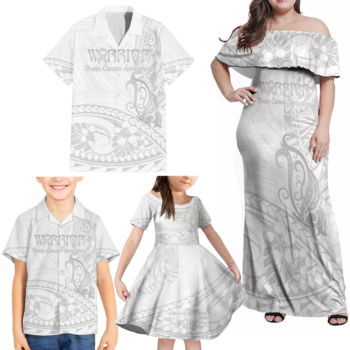 Polynesia Brain Cancer Awareness Family Matching Off Shoulder Maxi Dress and Hawaiian Shirt In May We Wear Grey LT14 - Polynesian Pride