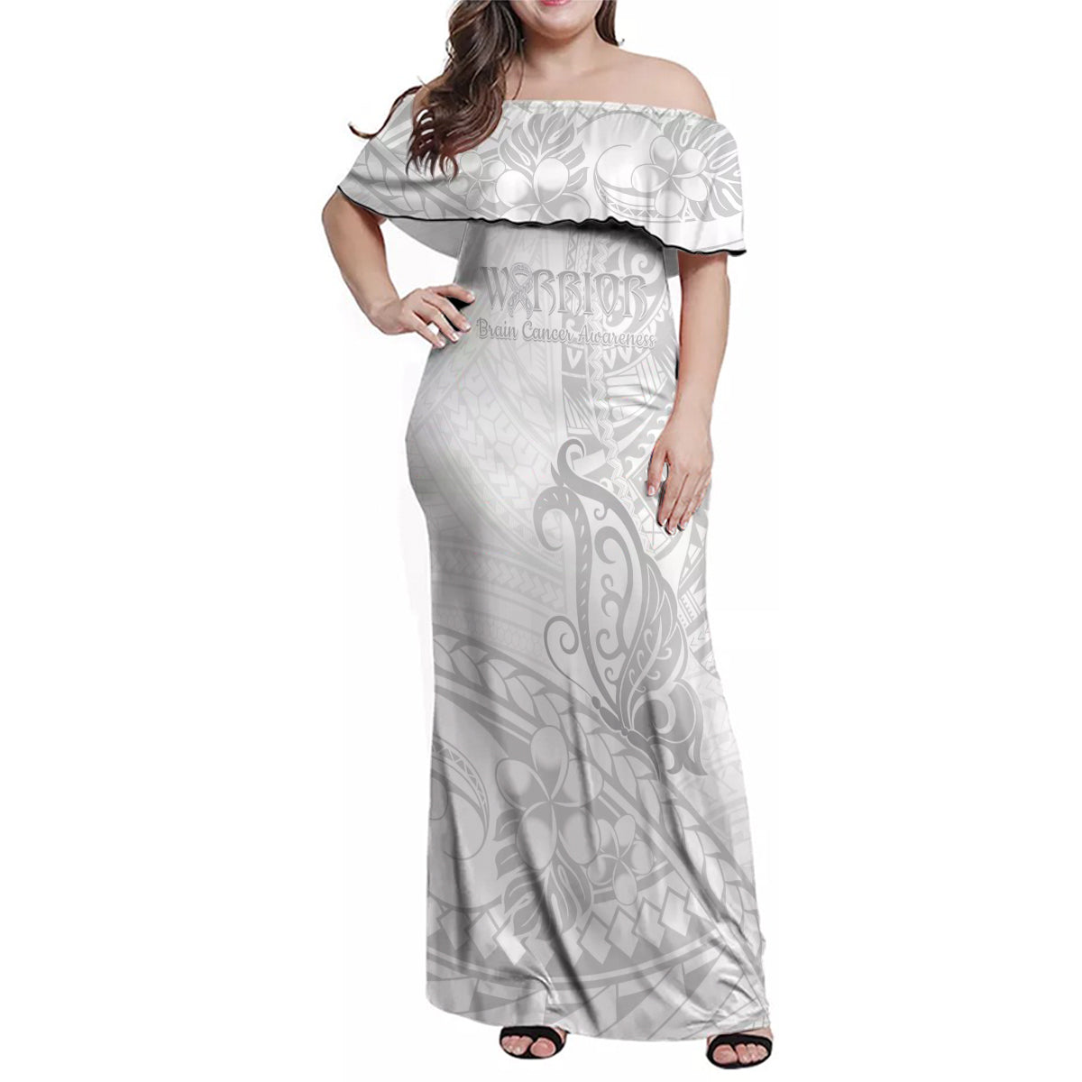 Polynesia Brain Cancer Awareness Family Matching Off Shoulder Maxi Dress and Hawaiian Shirt In May We Wear Grey LT14 Mom's Dress White - Polynesian Pride