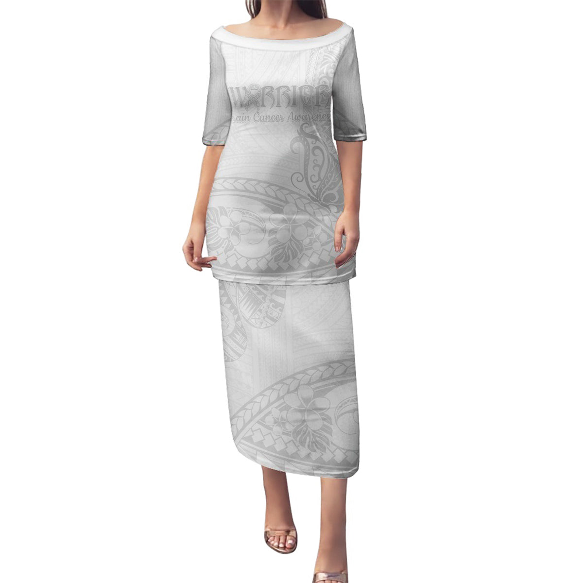 Polynesia Brain Cancer Awareness Family Matching Puletasi and Hawaiian Shirt In May We Wear Grey LT14 Mom's Dress White - Polynesian Pride