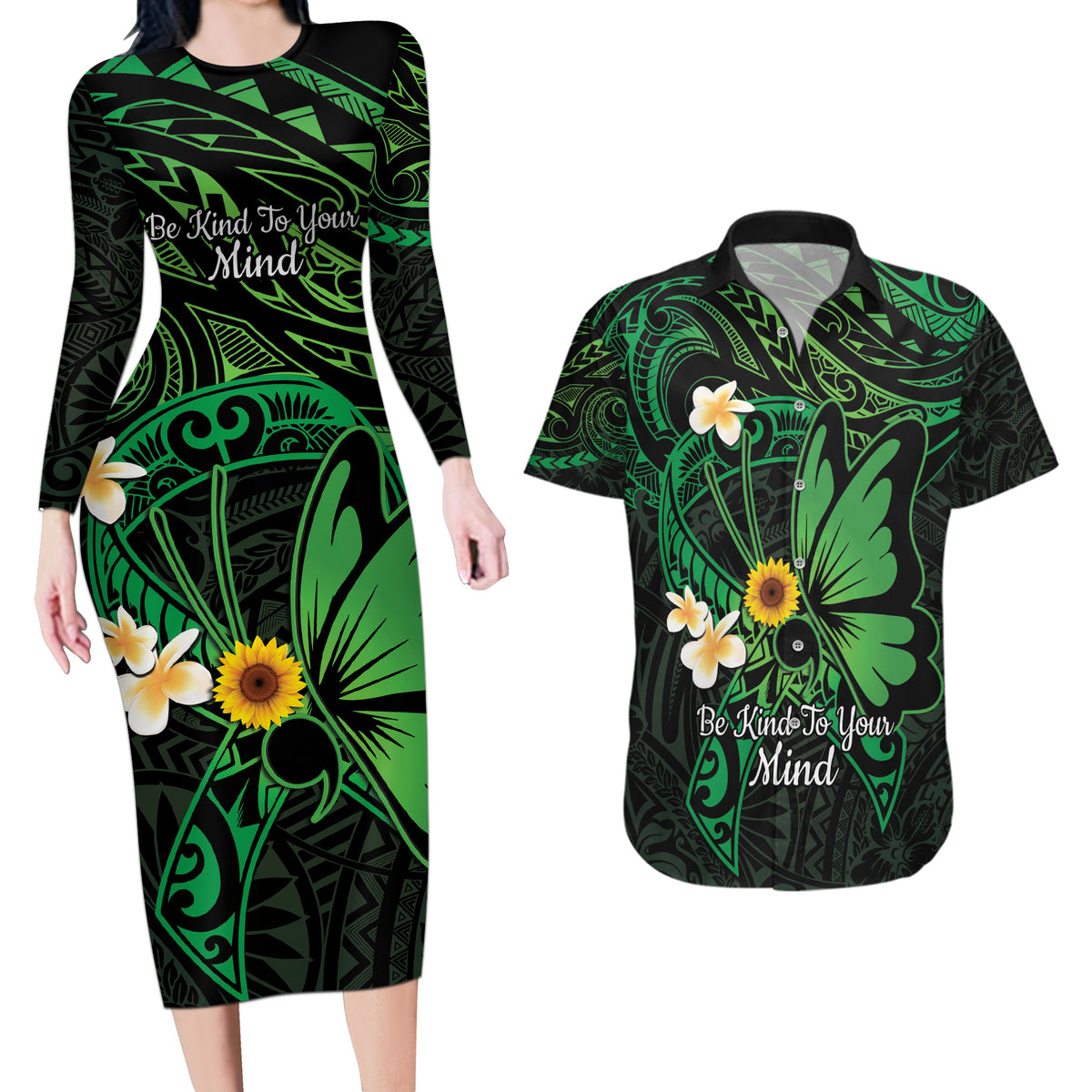 Polynesia Mental Health Awareness Couples Matching Long Sleeve Bodycon Dress and Hawaiian Shirt Green Ribbon Be Kind To Your Mind LT14 Green - Polynesian Pride