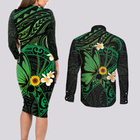 Polynesia Mental Health Awareness Couples Matching Long Sleeve Bodycon Dress and Long Sleeve Button Shirt Green Ribbon Be Kind To Your Mind LT14 - Polynesian Pride