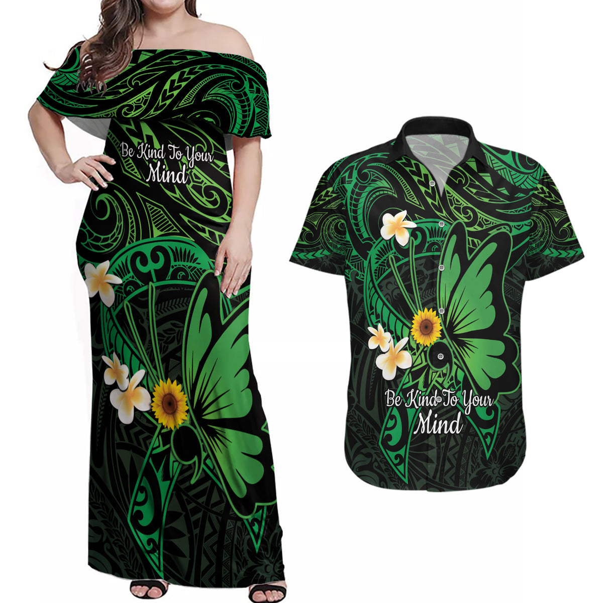 Polynesia Mental Health Awareness Couples Matching Off Shoulder Maxi Dress and Hawaiian Shirt Green Ribbon Be Kind To Your Mind LT14 Green - Polynesian Pride
