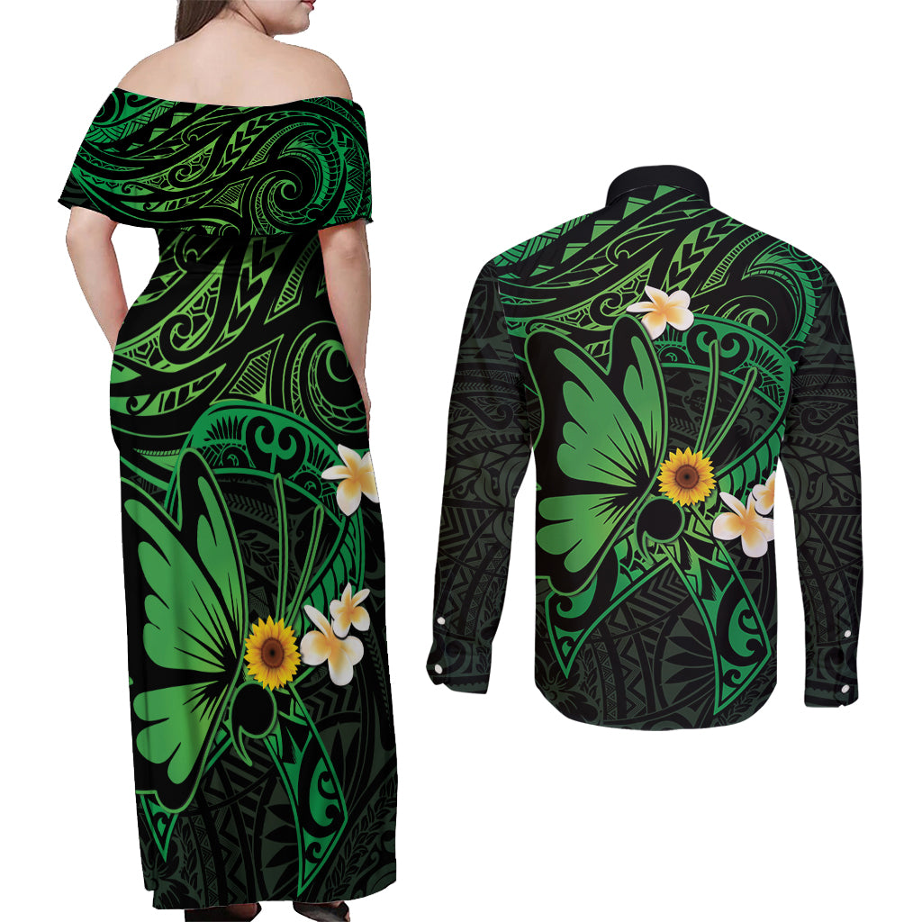 Polynesia Mental Health Awareness Couples Matching Off Shoulder Maxi Dress and Long Sleeve Button Shirt Green Ribbon Be Kind To Your Mind LT14 - Polynesian Pride