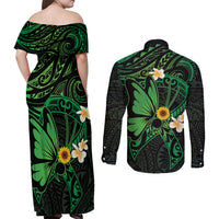 Polynesia Mental Health Awareness Couples Matching Off Shoulder Maxi Dress and Long Sleeve Button Shirt Green Ribbon Be Kind To Your Mind LT14 - Polynesian Pride