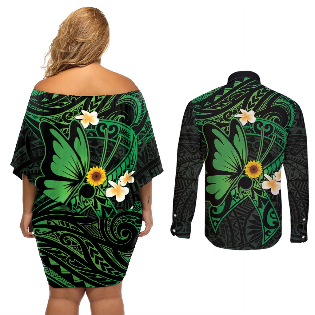 Polynesia Mental Health Awareness Couples Matching Off Shoulder Short Dress and Long Sleeve Button Shirt Green Ribbon Be Kind To Your Mind LT14 - Polynesian Pride