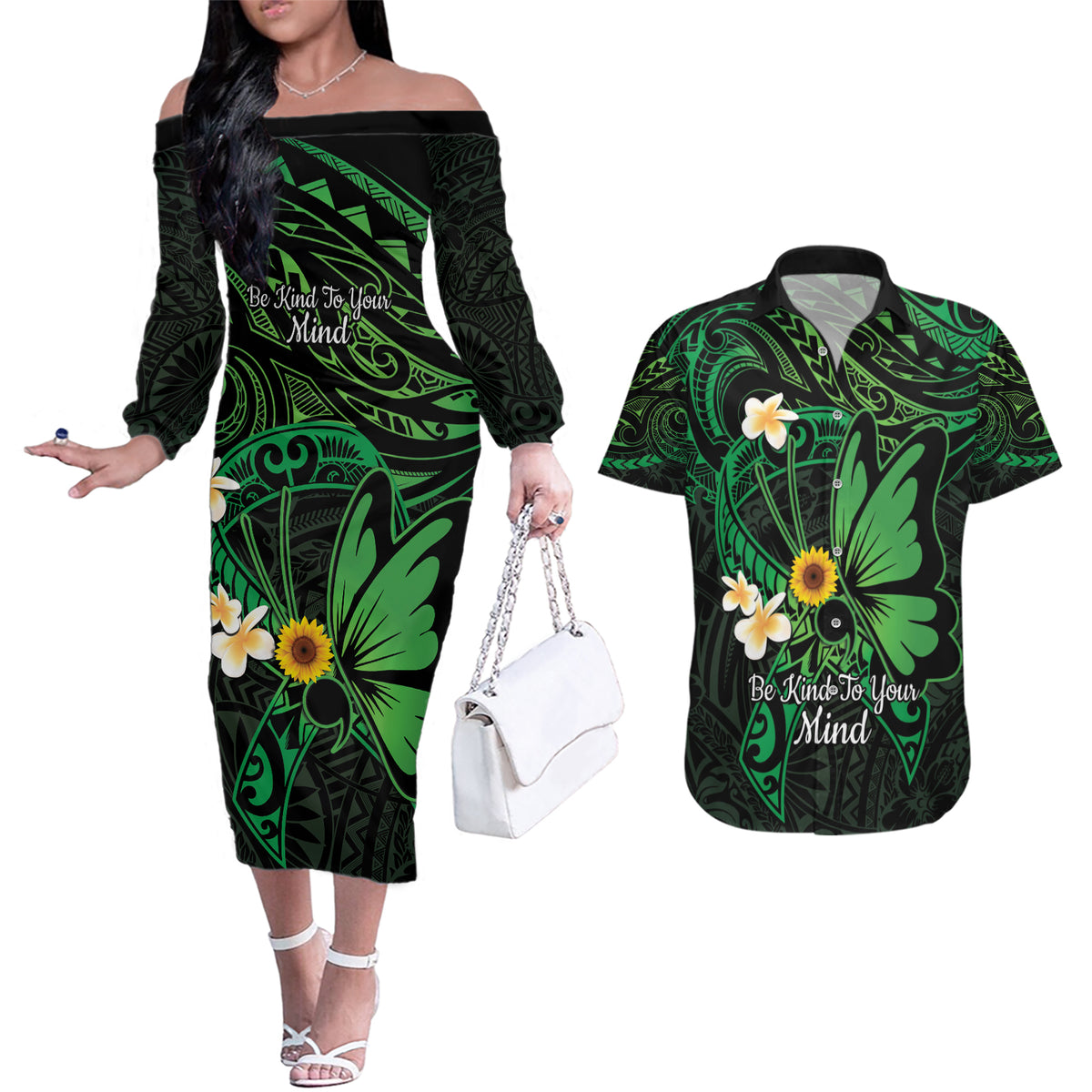 Polynesia Mental Health Awareness Couples Matching Off The Shoulder Long Sleeve Dress and Hawaiian Shirt Green Ribbon Be Kind To Your Mind LT14 Green - Polynesian Pride