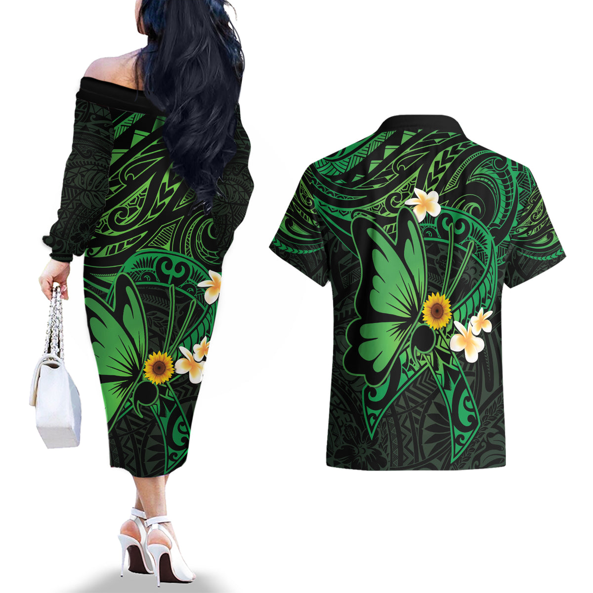 Polynesia Mental Health Awareness Couples Matching Off The Shoulder Long Sleeve Dress and Hawaiian Shirt Green Ribbon Be Kind To Your Mind LT14 - Polynesian Pride