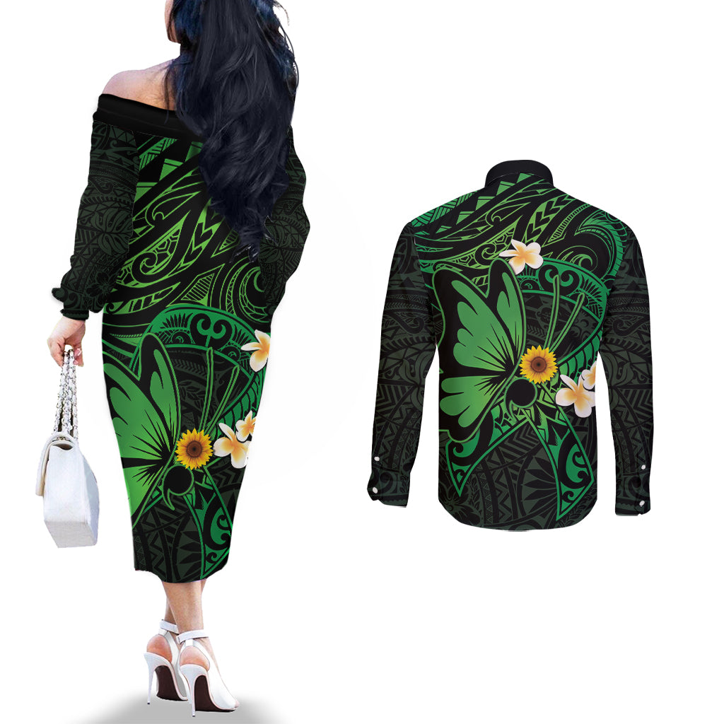 Polynesia Mental Health Awareness Couples Matching Off The Shoulder Long Sleeve Dress and Long Sleeve Button Shirt Green Ribbon Be Kind To Your Mind LT14 - Polynesian Pride
