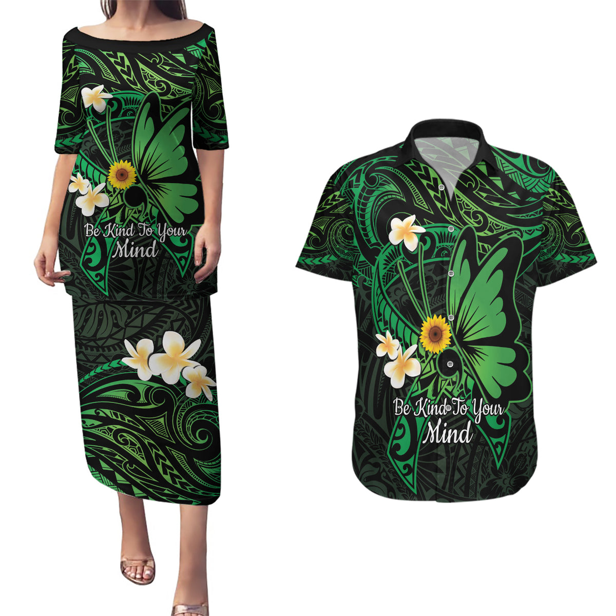 Polynesia Mental Health Awareness Couples Matching Puletasi and Hawaiian Shirt Green Ribbon Be Kind To Your Mind LT14 Green - Polynesian Pride