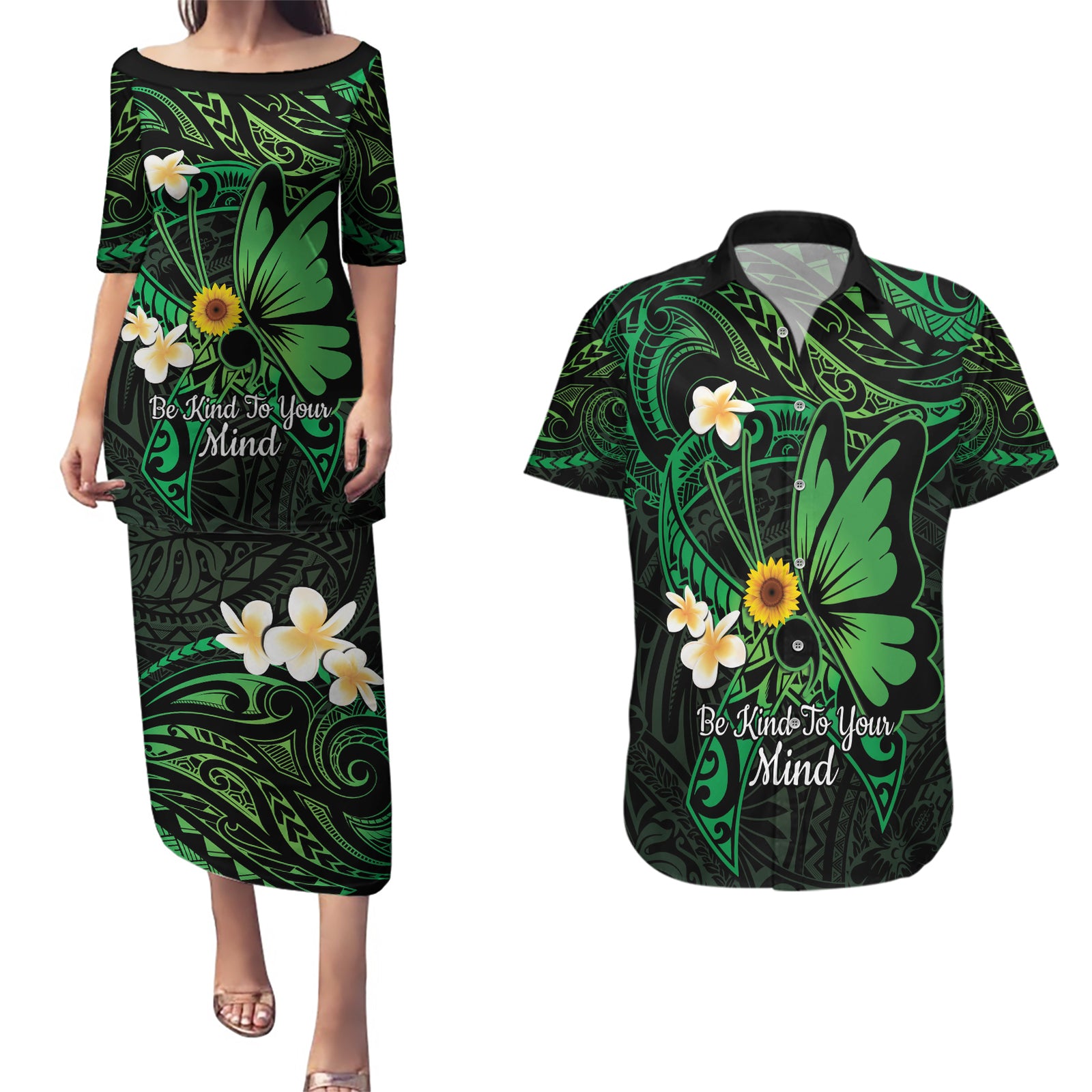 Polynesia Mental Health Awareness Couples Matching Puletasi and Hawaiian Shirt Green Ribbon Be Kind To Your Mind