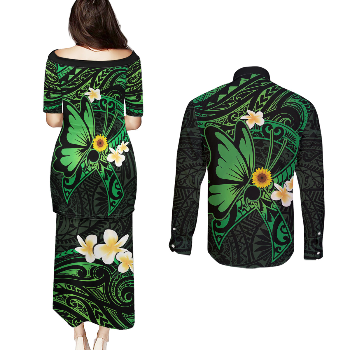 Polynesia Mental Health Awareness Couples Matching Puletasi and Long Sleeve Button Shirt Green Ribbon Be Kind To Your Mind LT14 - Polynesian Pride