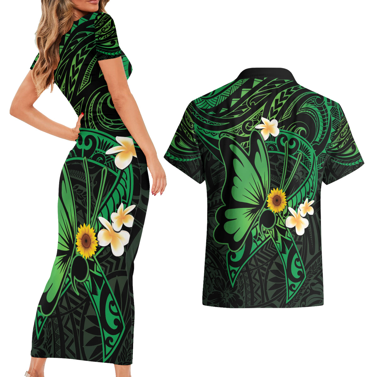 Polynesia Mental Health Awareness Couples Matching Short Sleeve Bodycon Dress and Hawaiian Shirt Green Ribbon Be Kind To Your Mind LT14 - Polynesian Pride