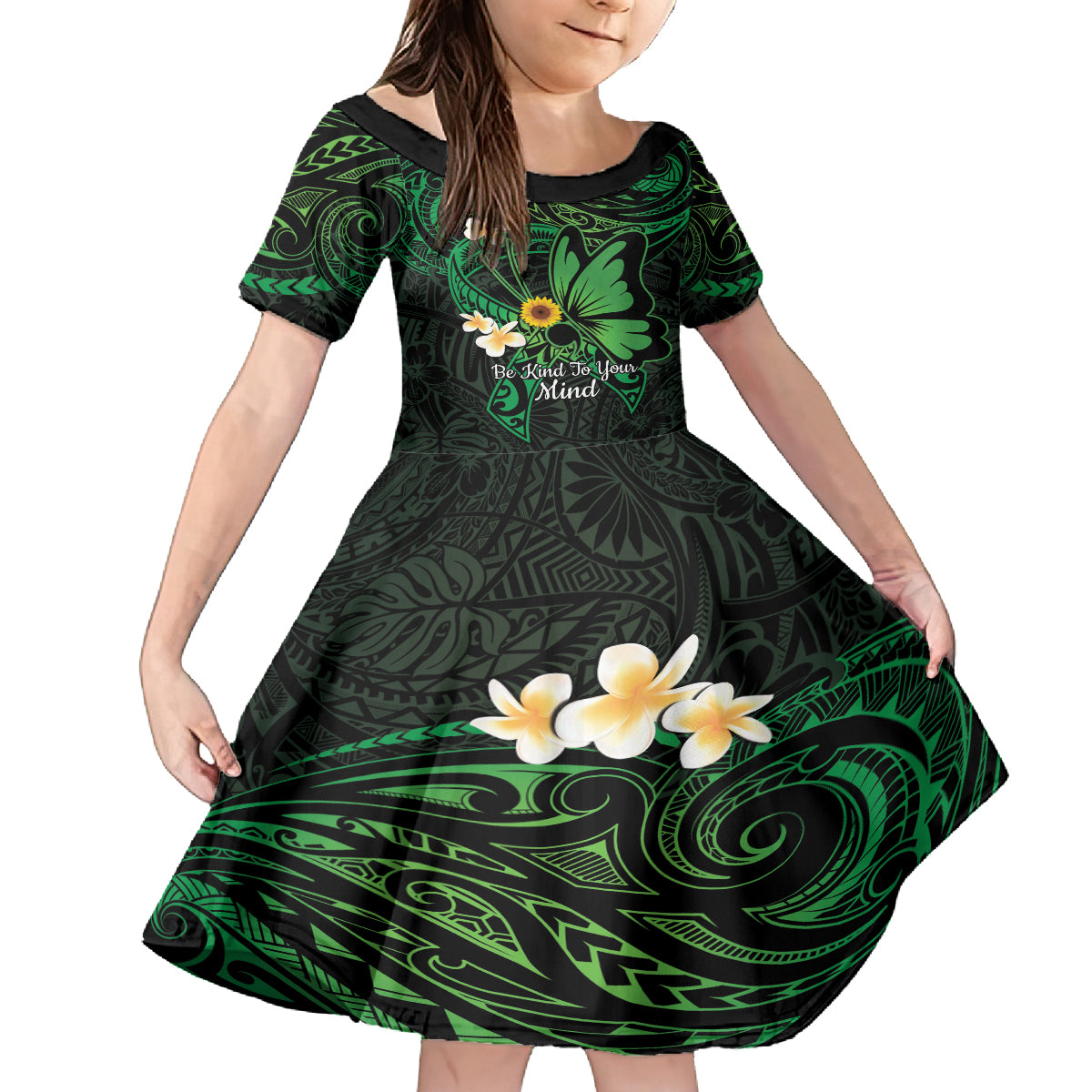 Polynesia Mental Health Awareness Family Matching Long Sleeve Bodycon Dress and Hawaiian Shirt Green Ribbon Be Kind To Your Mind LT14 Daughter's Dress Green - Polynesian Pride
