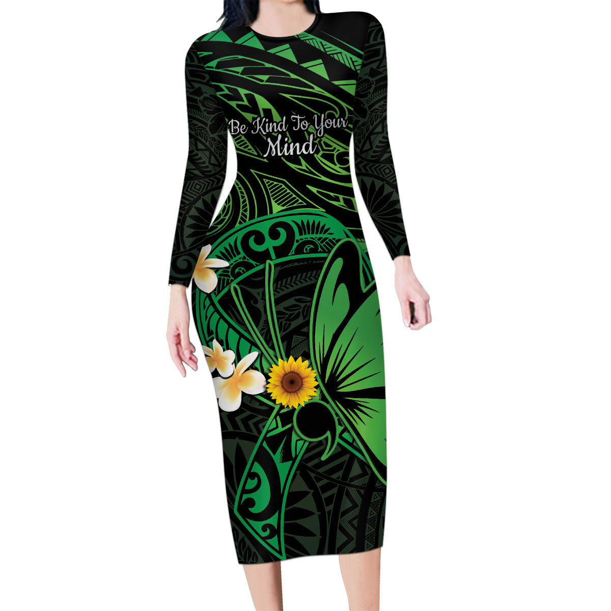 Polynesia Mental Health Awareness Family Matching Long Sleeve Bodycon Dress and Hawaiian Shirt Green Ribbon Be Kind To Your Mind LT14 Mom's Dress Green - Polynesian Pride