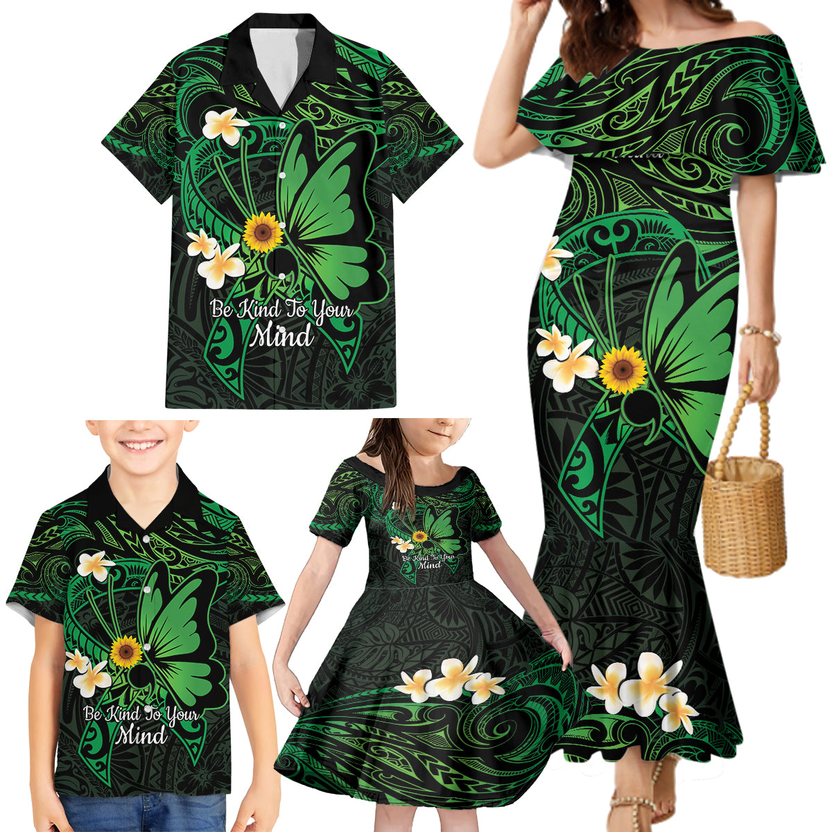 Polynesia Mental Health Awareness Family Matching Mermaid Dress and Hawaiian Shirt Green Ribbon Be Kind To Your Mind LT14 - Polynesian Pride