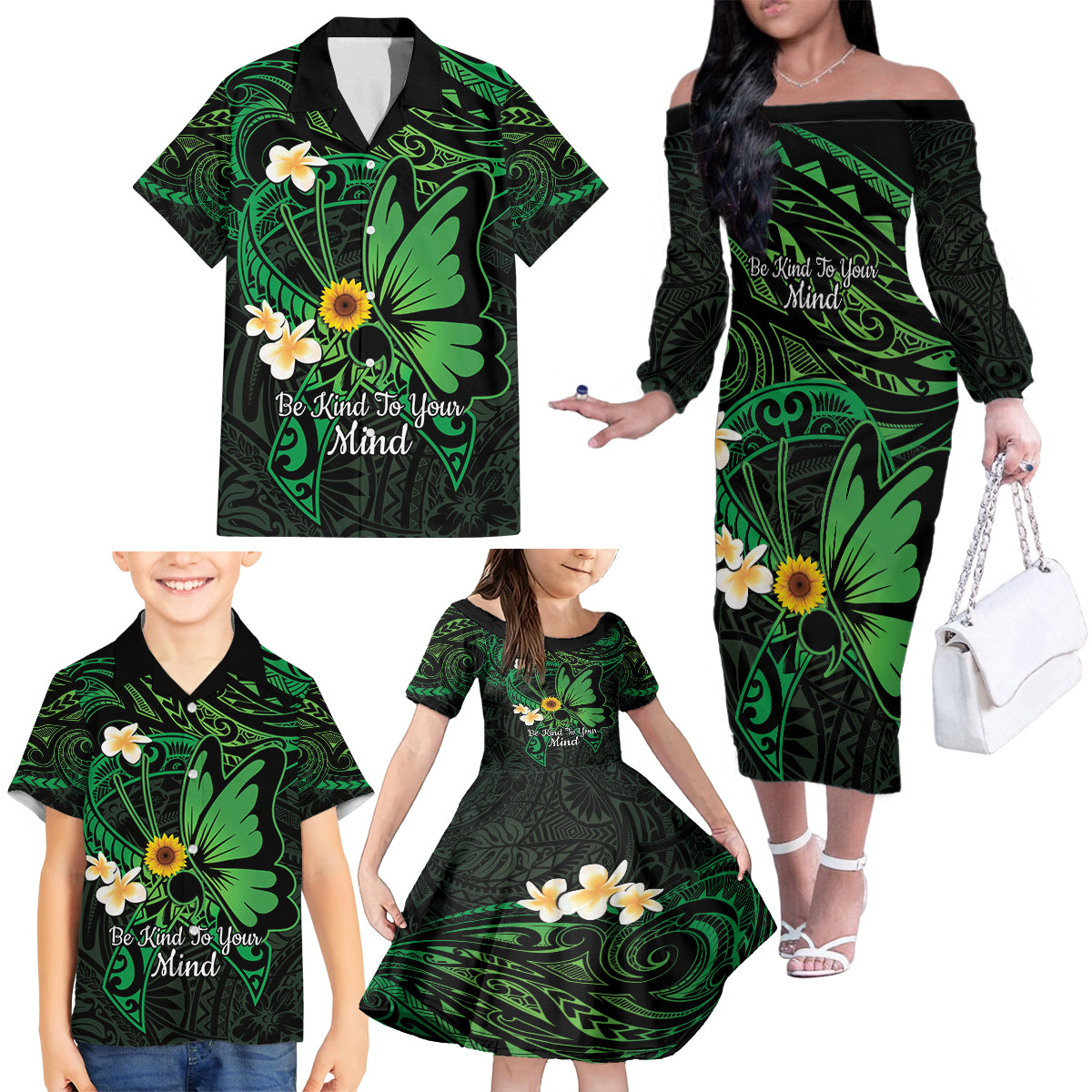 Polynesia Mental Health Awareness Family Matching Off The Shoulder Long Sleeve Dress and Hawaiian Shirt Green Ribbon Be Kind To Your Mind LT14 - Polynesian Pride