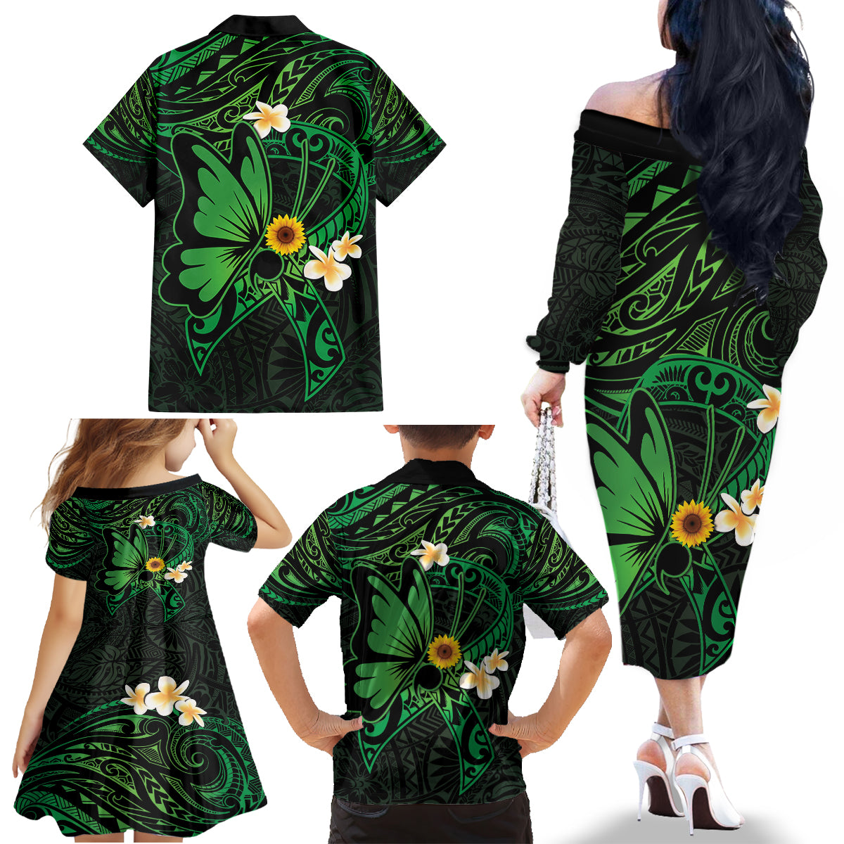 Polynesia Mental Health Awareness Family Matching Off The Shoulder Long Sleeve Dress and Hawaiian Shirt Green Ribbon Be Kind To Your Mind LT14 - Polynesian Pride