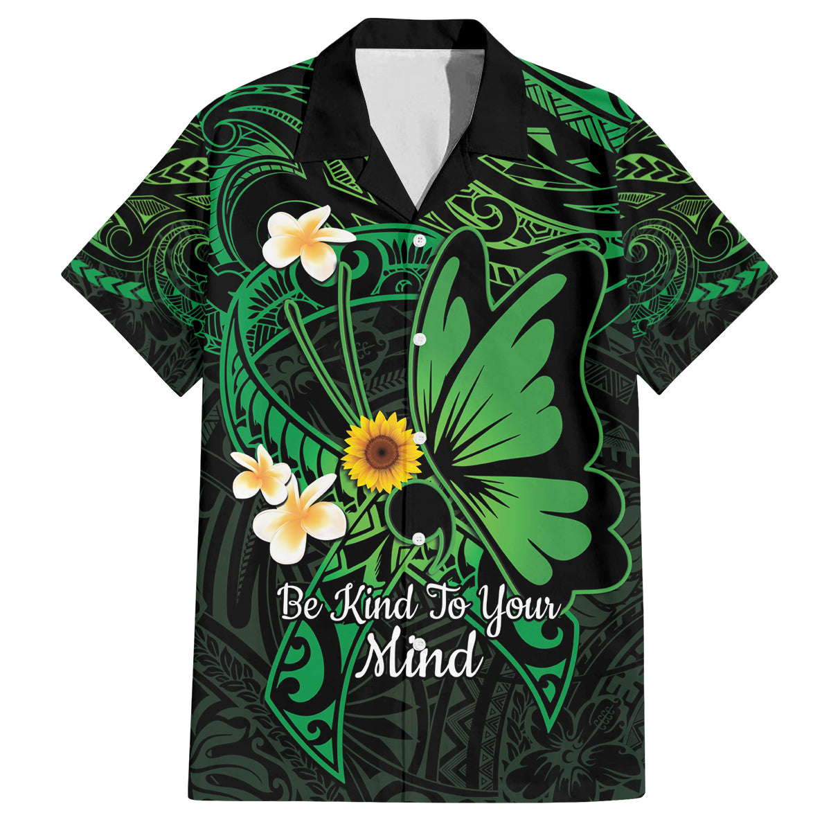 Polynesia Mental Health Awareness Family Matching Off The Shoulder Long Sleeve Dress and Hawaiian Shirt Green Ribbon Be Kind To Your Mind LT14 Dad's Shirt - Short Sleeve Green - Polynesian Pride