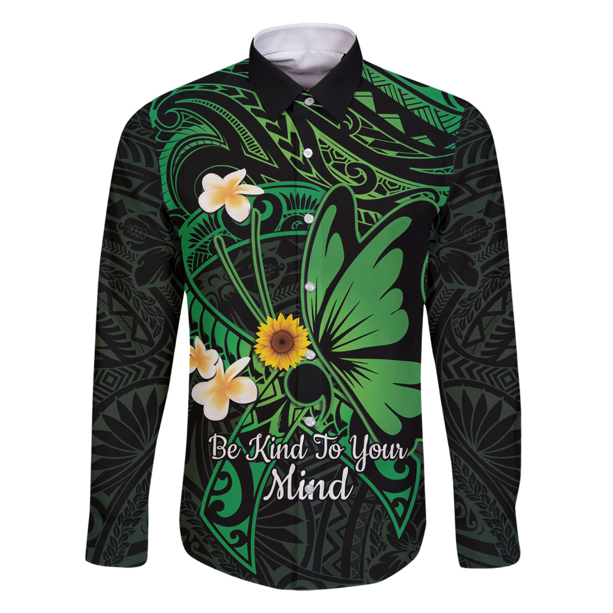 Polynesia Mental Health Awareness Family Matching Off The Shoulder Long Sleeve Dress and Hawaiian Shirt Green Ribbon Be Kind To Your Mind LT14 Dad's Shirt - Long Sleeve Green - Polynesian Pride