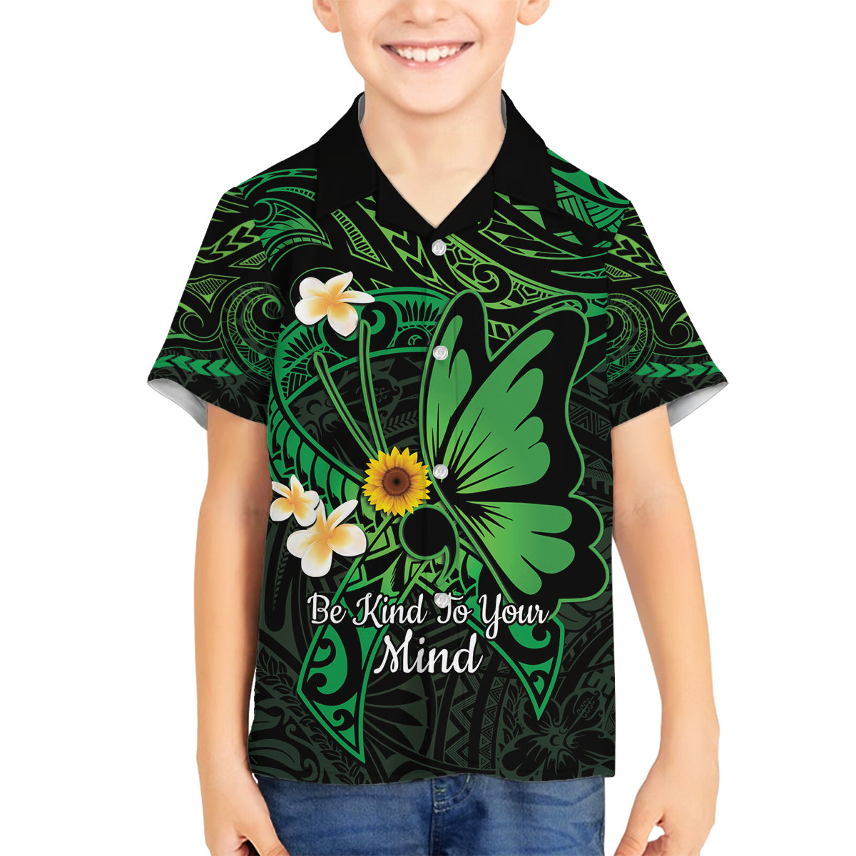 Polynesia Mental Health Awareness Family Matching Off The Shoulder Long Sleeve Dress and Hawaiian Shirt Green Ribbon Be Kind To Your Mind LT14 Son's Shirt Green - Polynesian Pride