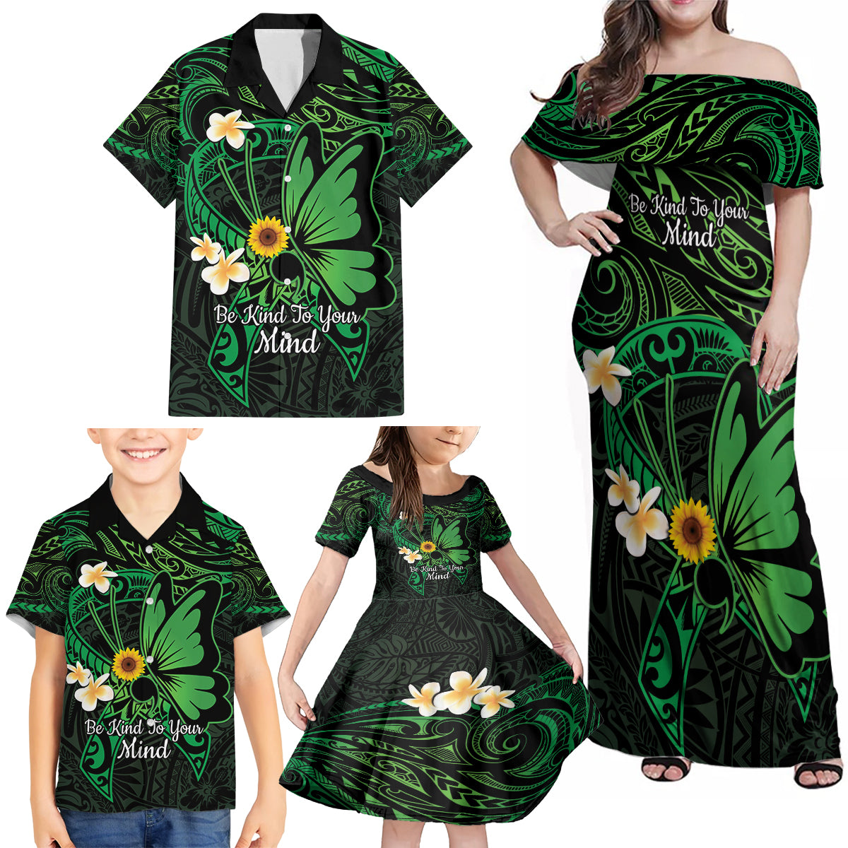 Polynesia Mental Health Awareness Family Matching Off Shoulder Maxi Dress and Hawaiian Shirt Green Ribbon Be Kind To Your Mind LT14 - Polynesian Pride