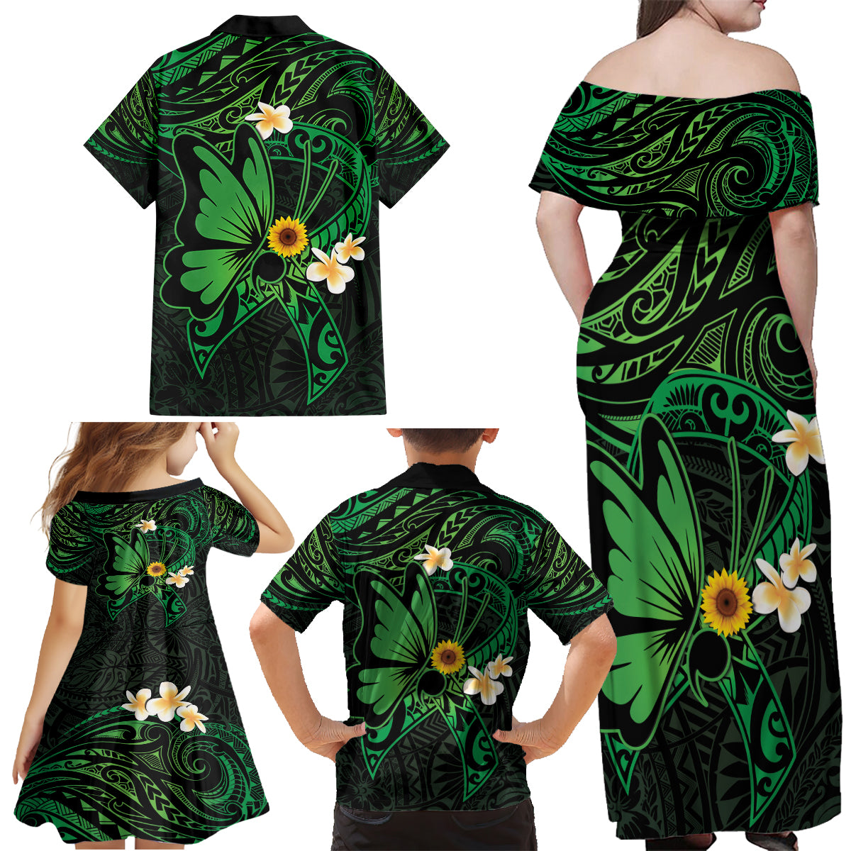 Polynesia Mental Health Awareness Family Matching Off Shoulder Maxi Dress and Hawaiian Shirt Green Ribbon Be Kind To Your Mind LT14 - Polynesian Pride