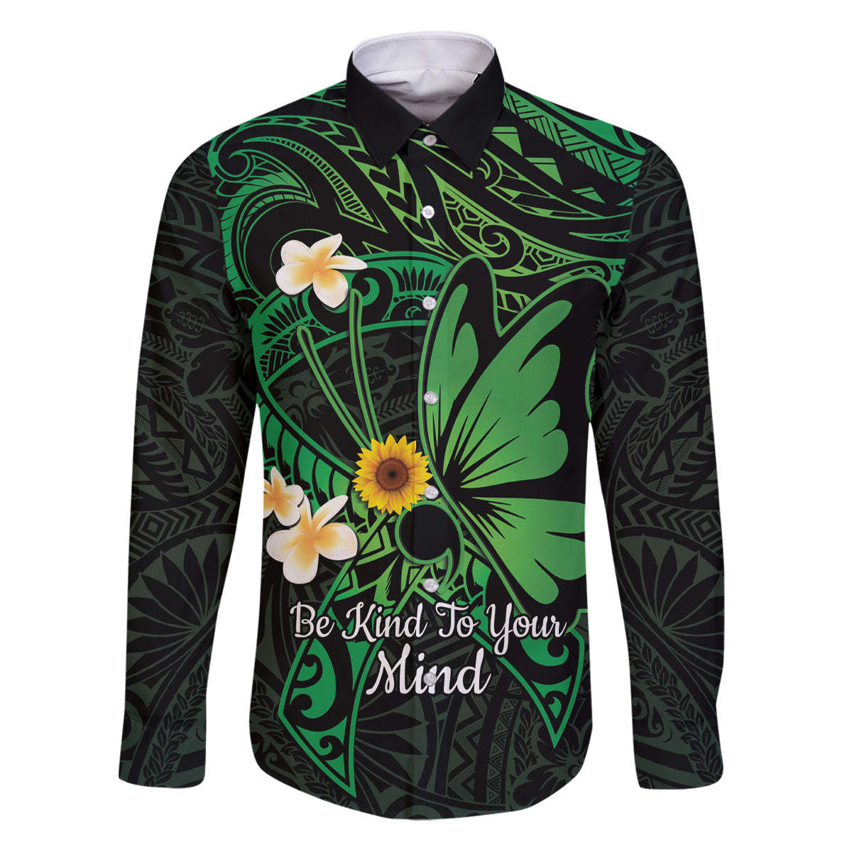 Polynesia Mental Health Awareness Family Matching Puletasi and Hawaiian Shirt Green Ribbon Be Kind To Your Mind LT14 Dad's Shirt - Long Sleeve Green - Polynesian Pride