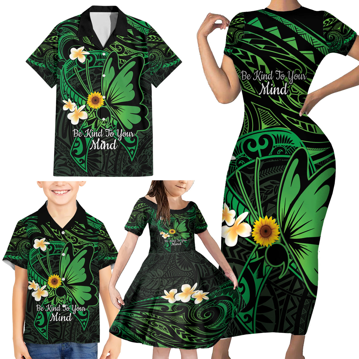 Polynesia Mental Health Awareness Family Matching Short Sleeve Bodycon Dress and Hawaiian Shirt Green Ribbon Be Kind To Your Mind LT14 - Polynesian Pride