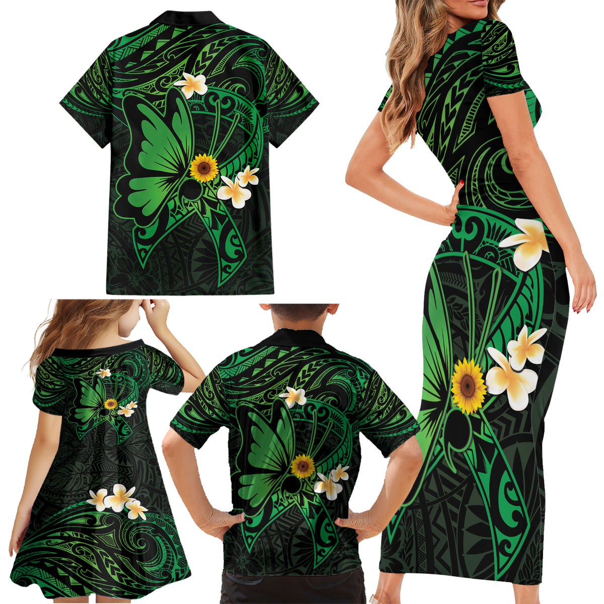 Polynesia Mental Health Awareness Family Matching Short Sleeve Bodycon Dress and Hawaiian Shirt Green Ribbon Be Kind To Your Mind LT14 - Polynesian Pride