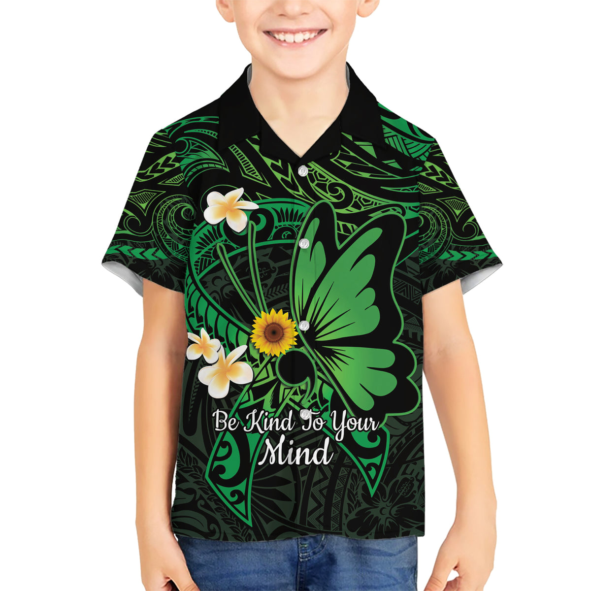 Polynesia Mental Health Awareness Family Matching Short Sleeve Bodycon Dress and Hawaiian Shirt Green Ribbon Be Kind To Your Mind LT14 Son's Shirt Green - Polynesian Pride