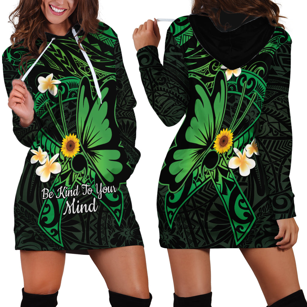 Polynesia Mental Health Awareness Hoodie Dress Green Ribbon Be Kind To Your Mind LT14 - Polynesian Pride