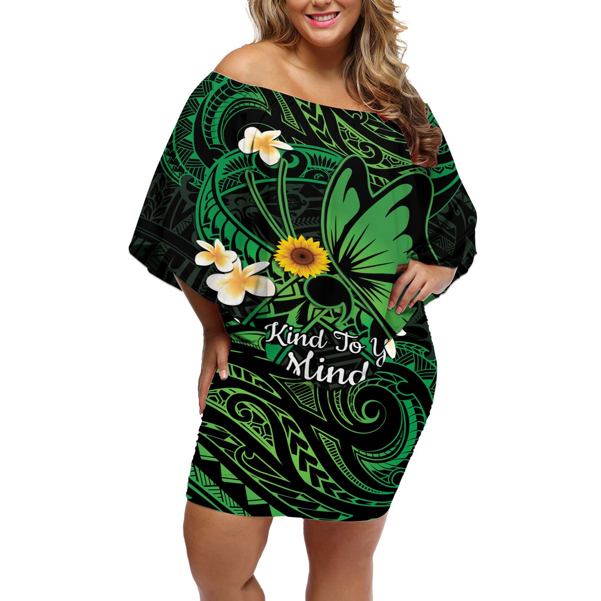 Polynesia Mental Health Awareness Off Shoulder Short Dress Green Ribbon Be Kind To Your Mind