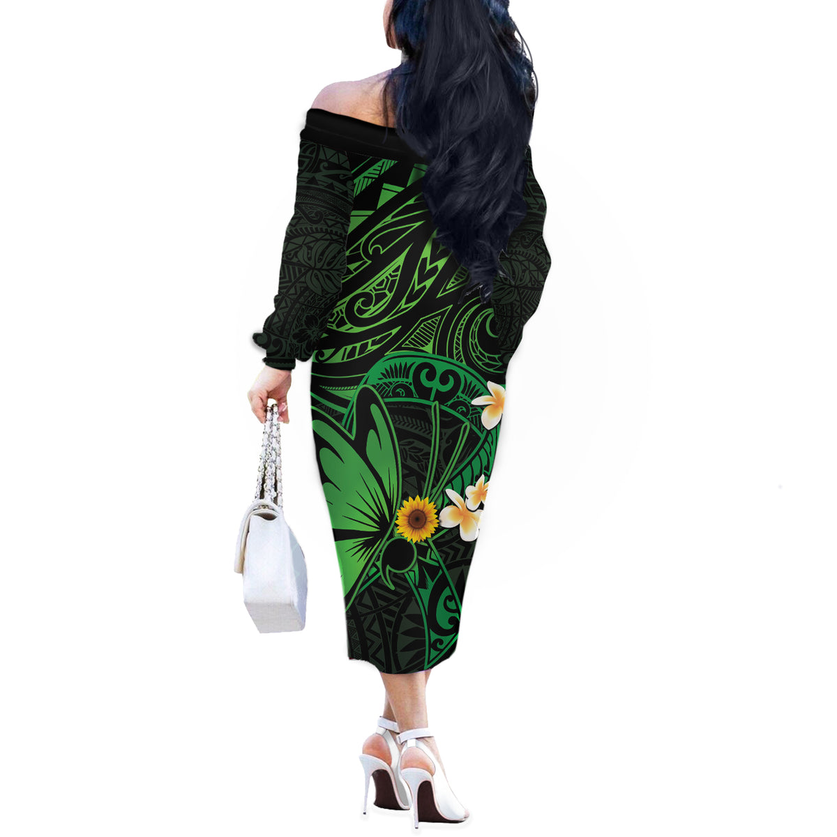 Polynesia Mental Health Awareness Off The Shoulder Long Sleeve Dress Green Ribbon Be Kind To Your Mind LT14 - Polynesian Pride