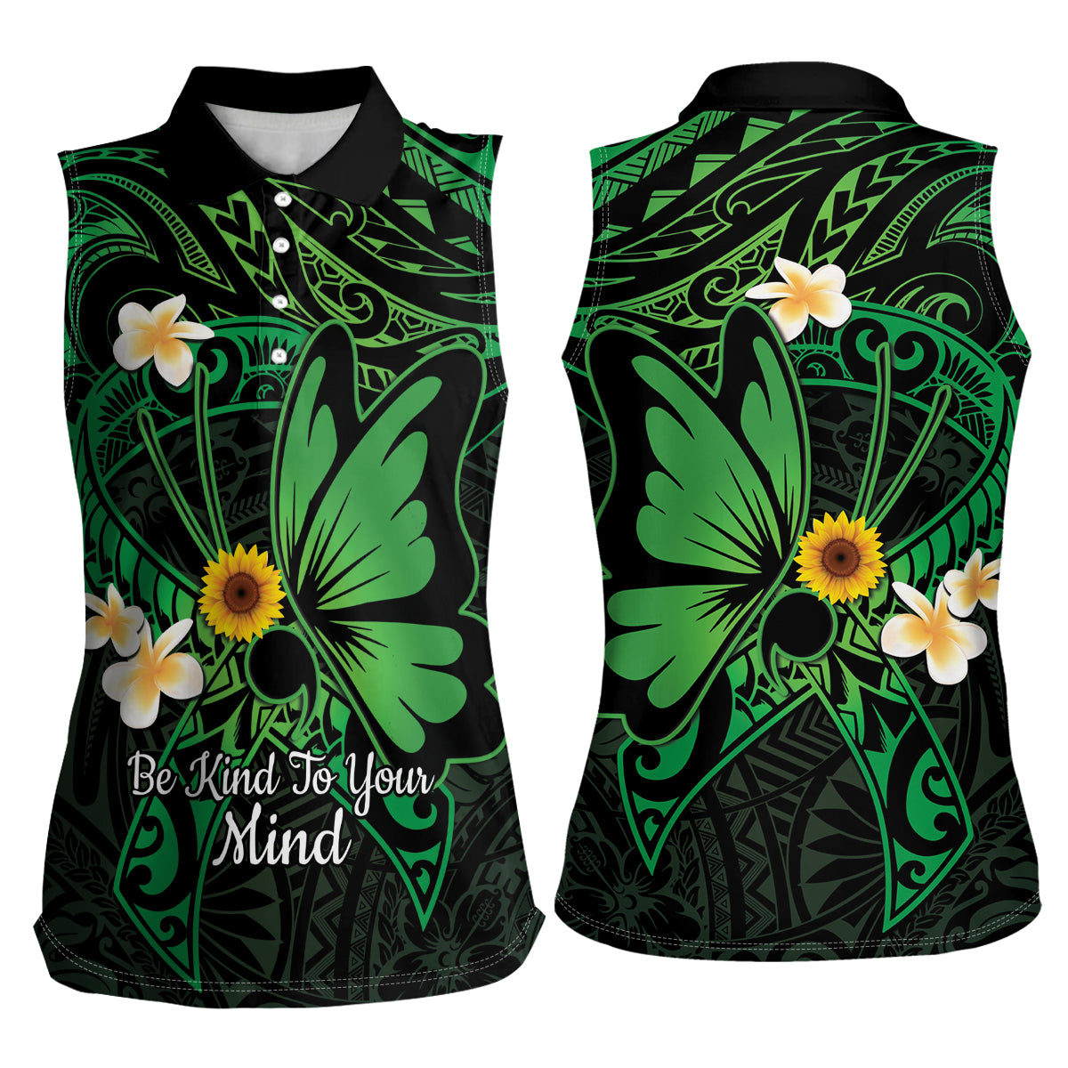Polynesia Mental Health Awareness Women Sleeveless Polo Shirt Green Ribbon Be Kind To Your Mind LT14 - Polynesian Pride