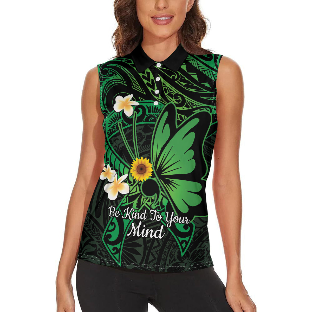 Polynesia Mental Health Awareness Women Sleeveless Polo Shirt Green Ribbon Be Kind To Your Mind LT14 - Polynesian Pride